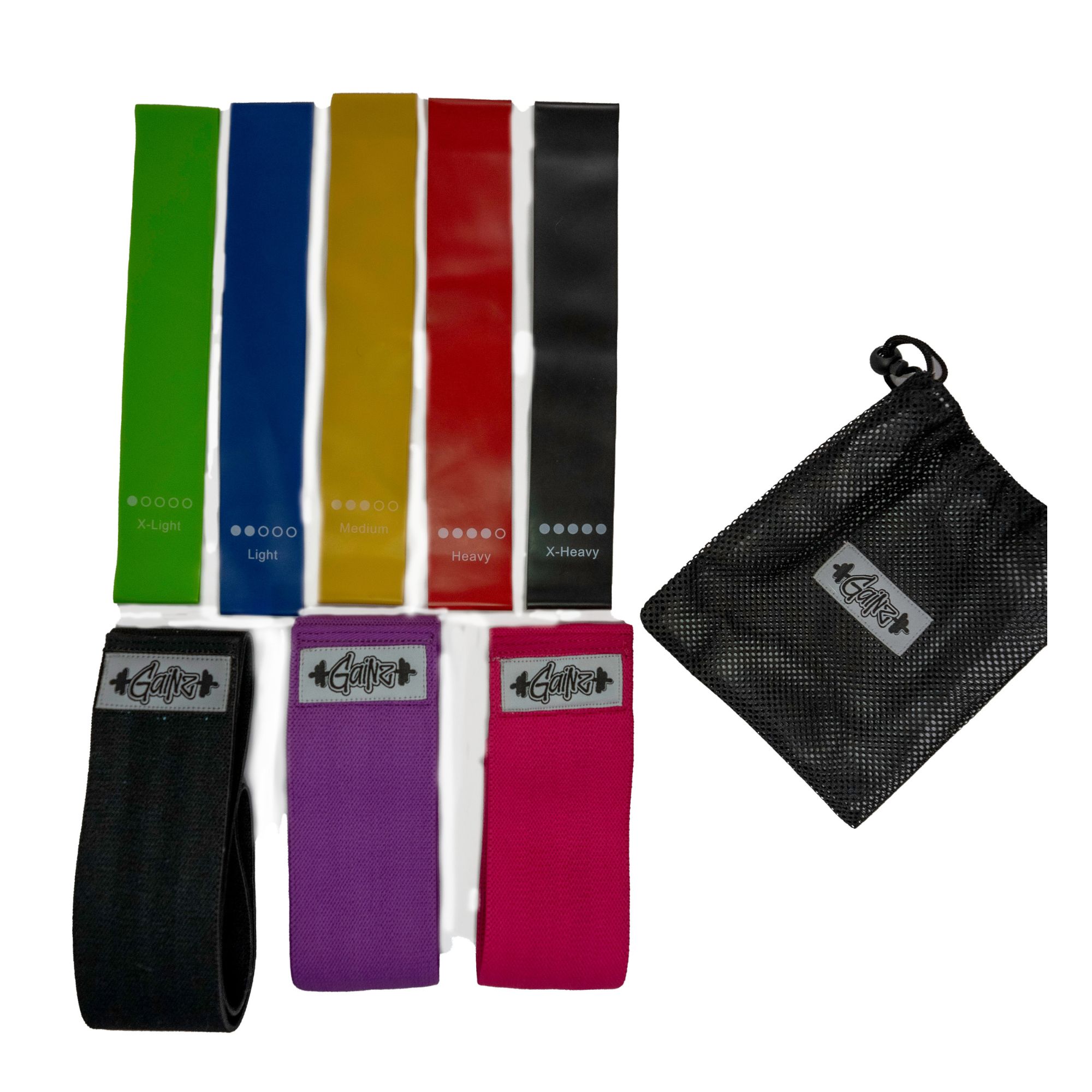 Gainz resistance band set with carrying pouch